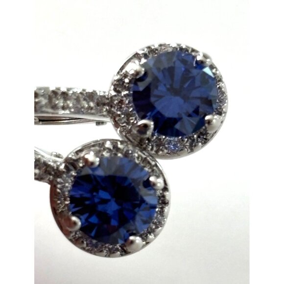 Silver Blue CZ Sapphire & CZ Halo Leverback Earrings - Picture 4 of 4